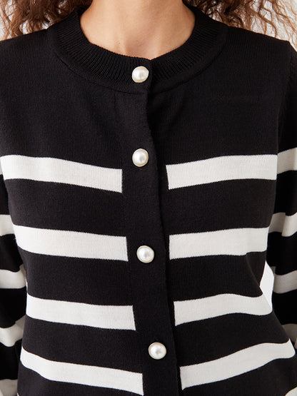 Crew Neck Striped Long Sleeve Women's Knitwear Cardigan