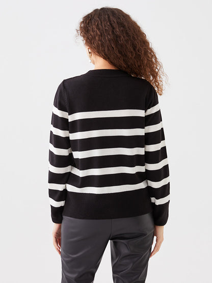 Crew Neck Striped Long Sleeve Women's Knitwear Cardigan