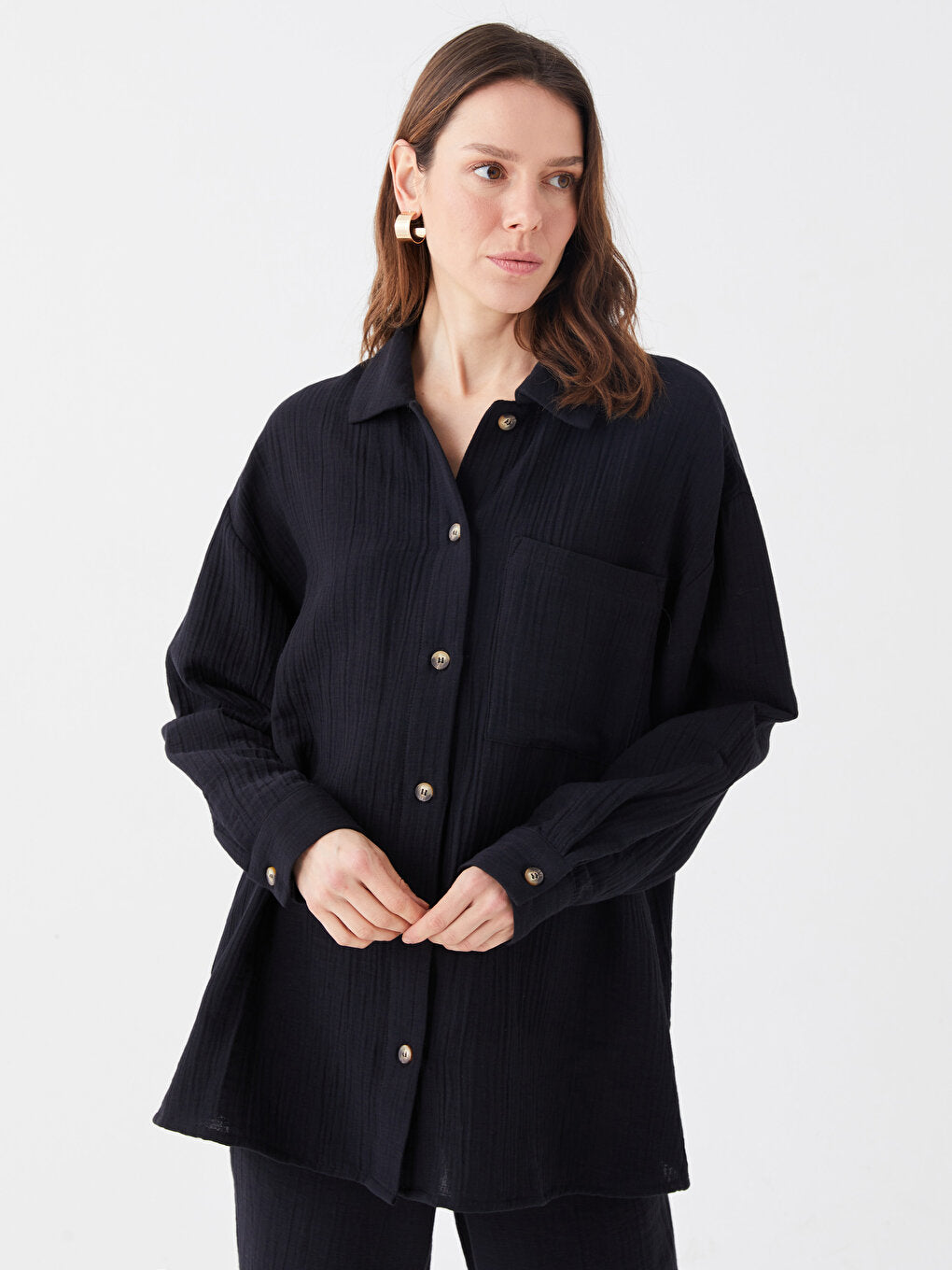 Plain Long Sleeve Oversize Muslin Women's Shirt Tunic