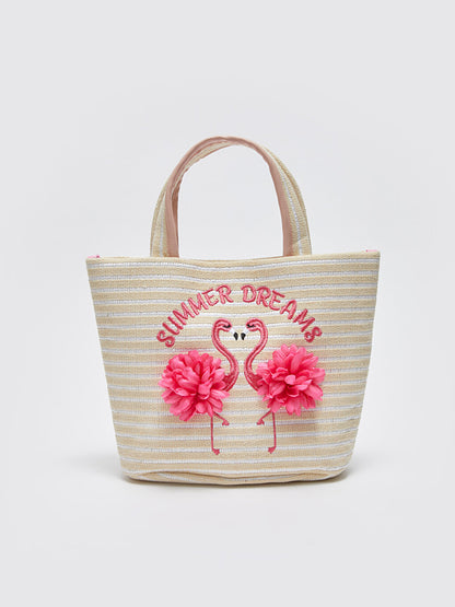 Flamingo Embroidered Girl's Straw Shoulder Bag