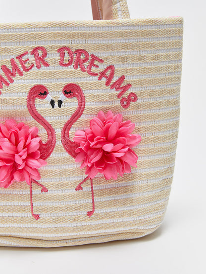 Flamingo Embroidered Girl's Straw Shoulder Bag