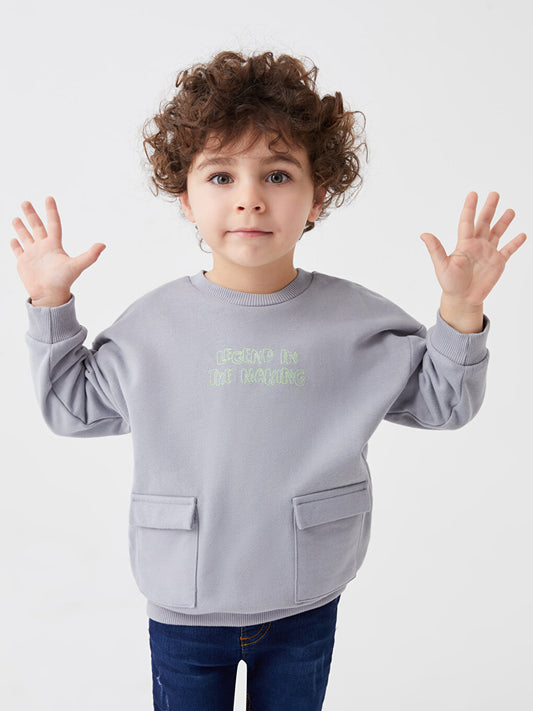 Crew Neck Long Sleeve Baby Boy Sweatshirt with Embroidery Detail