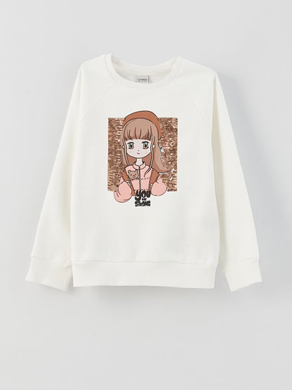 Crew Neck Printed Reversible Sequined Long Sleeve Girl's Sweatshirt