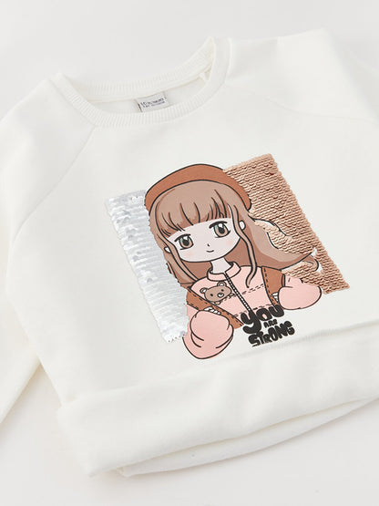 Crew Neck Printed Reversible Sequined Long Sleeve Girl's Sweatshirt