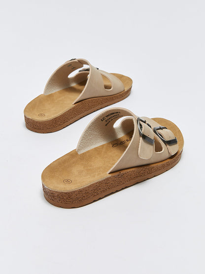 Double Banded Buckle Detailed Women's Slippers