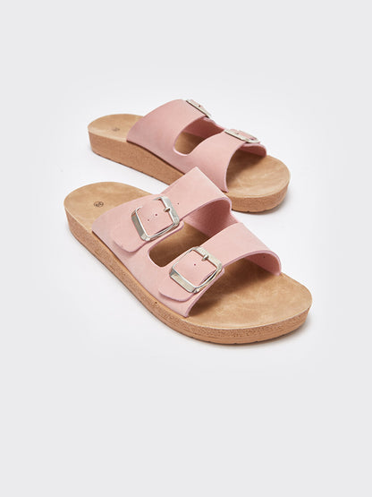 Double Banded Buckle Detailed Women's Slippers