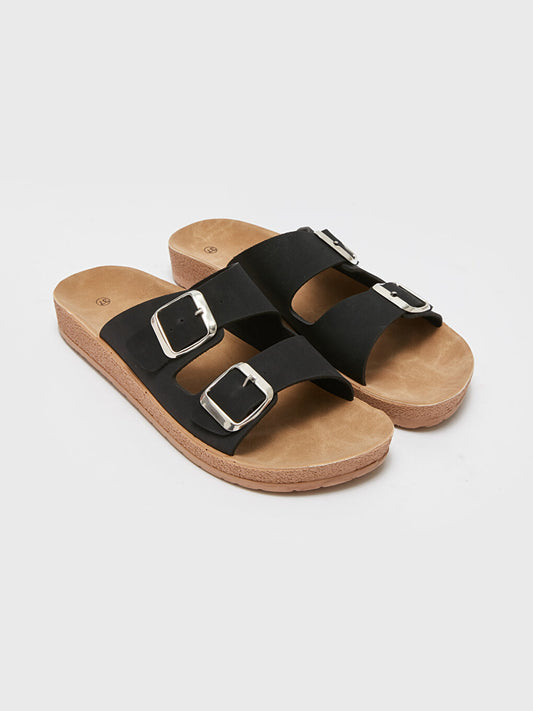 Double Banded Buckle Detailed Women's Slippers