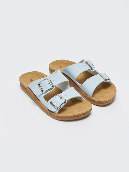 Double Banded Buckle Detailed Women's Slippers