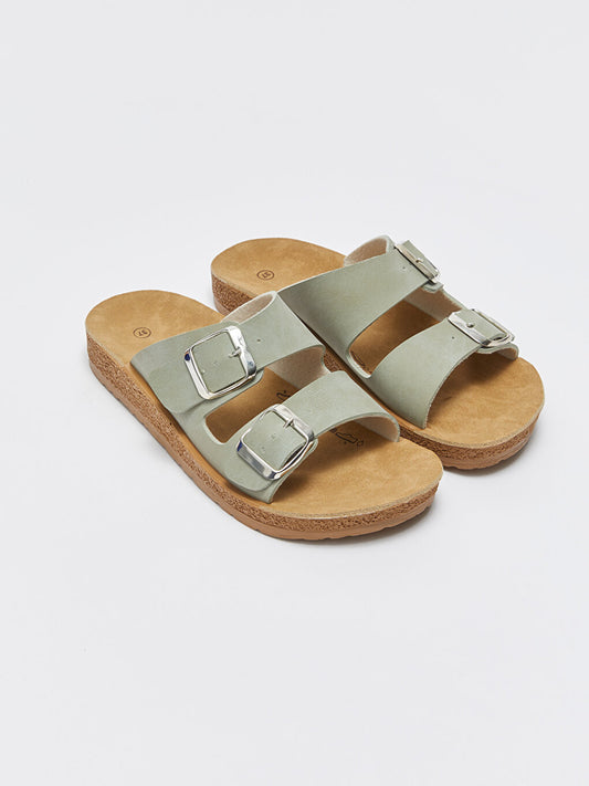 Double Banded Buckle Detailed Women's Slippers