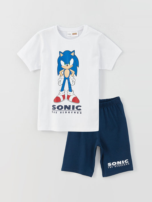 Crew Neck Sonic Printed Short Sleeve Boy's Pajama Set with Shorts