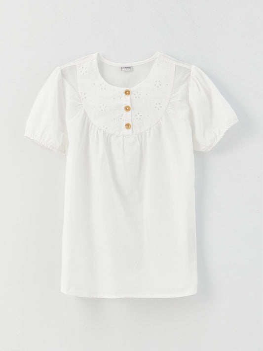 Crew Neck Scallop Detailed Short Sleeve Girl's Blouse