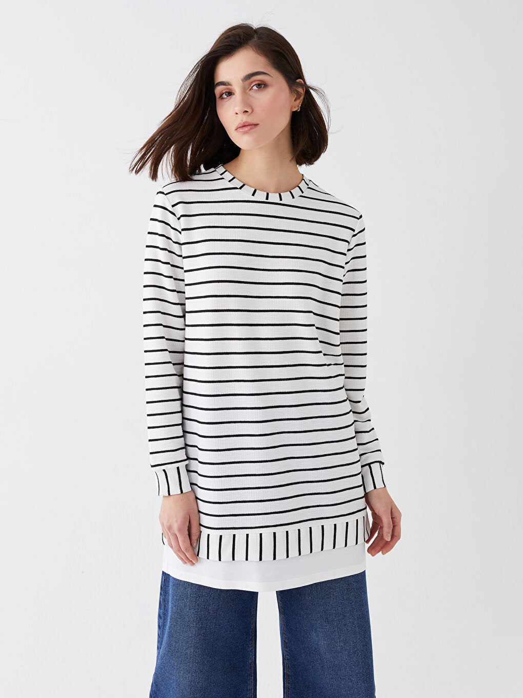 Crew Neck Striped Long Sleeve Oversize Women's Tunic