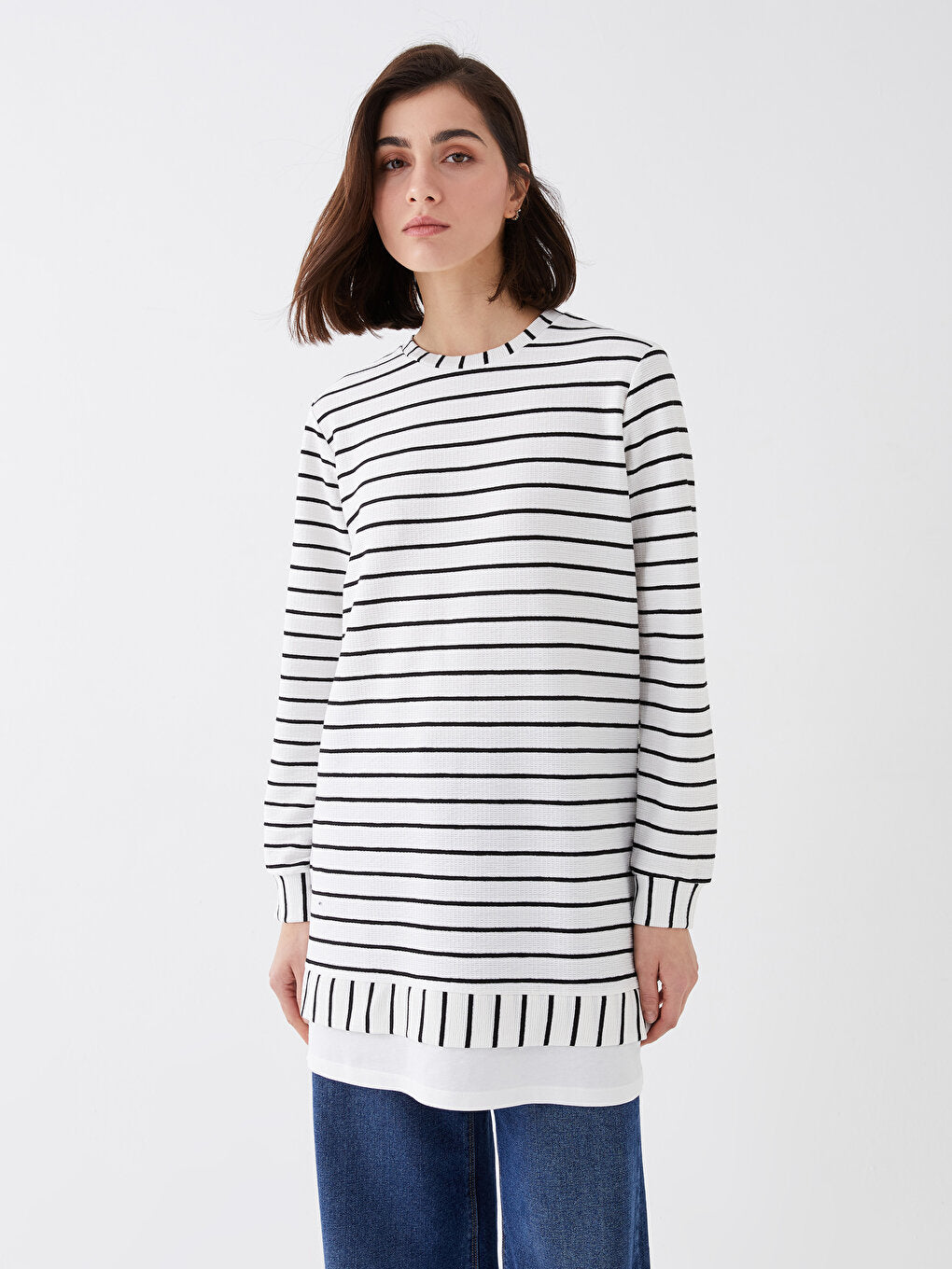 Crew Neck Striped Long Sleeve Oversize Women's Tunic