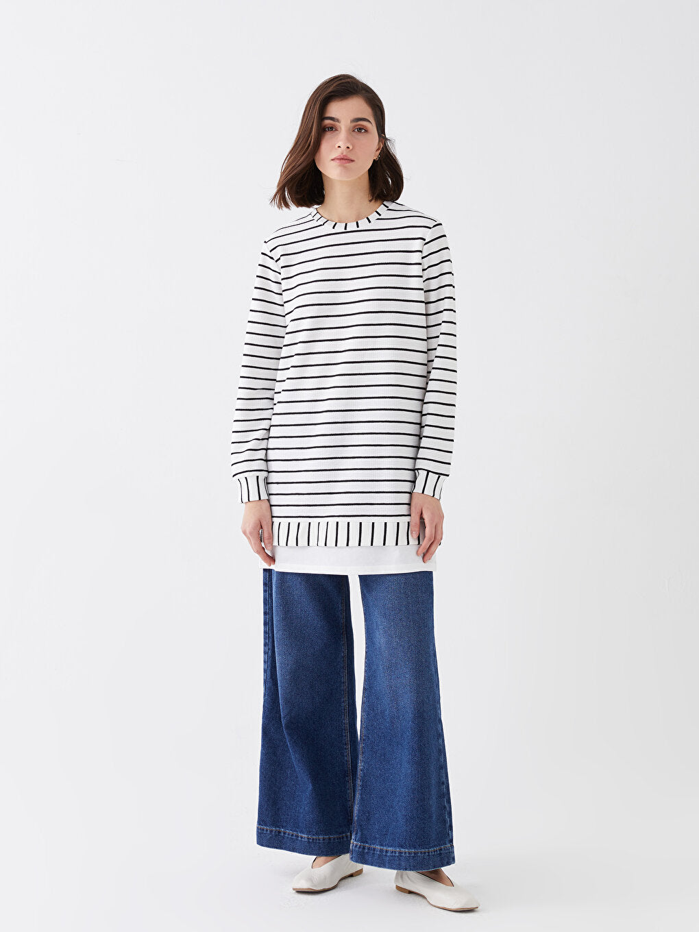 Crew Neck Striped Long Sleeve Oversize Women's Tunic