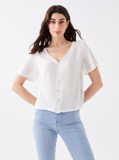 V-Neck Plain Short Sleeve Women's Blouse