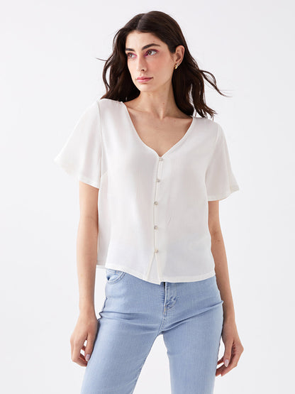 V-Neck Plain Short Sleeve Women's Blouse