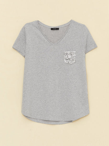 V-Neck Sequin Embroidered Short Sleeve Women's T-Shirt