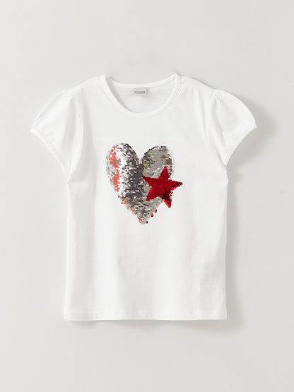 Crew Neck Reversible Sequined Short Sleeve Girl's T-Shirt