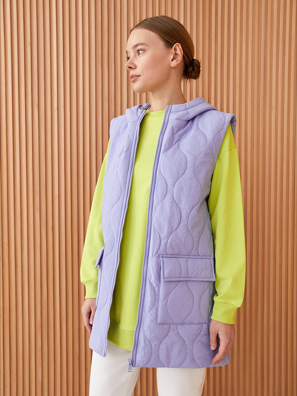 Hooded Self-Patterned Women's Puffer Vest