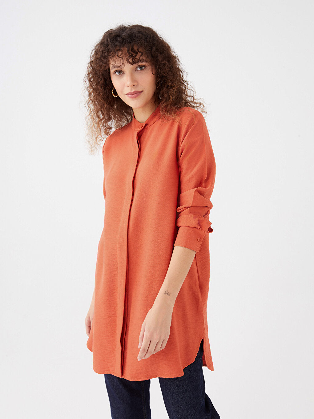 High Collar Plain Long Sleeve Women's Tunic