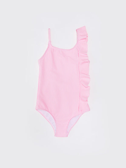 Striped Ruffle Detailed Girl's Swimsuit