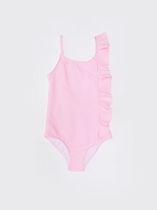 Striped Ruffle Detailed Girl's Swimsuit