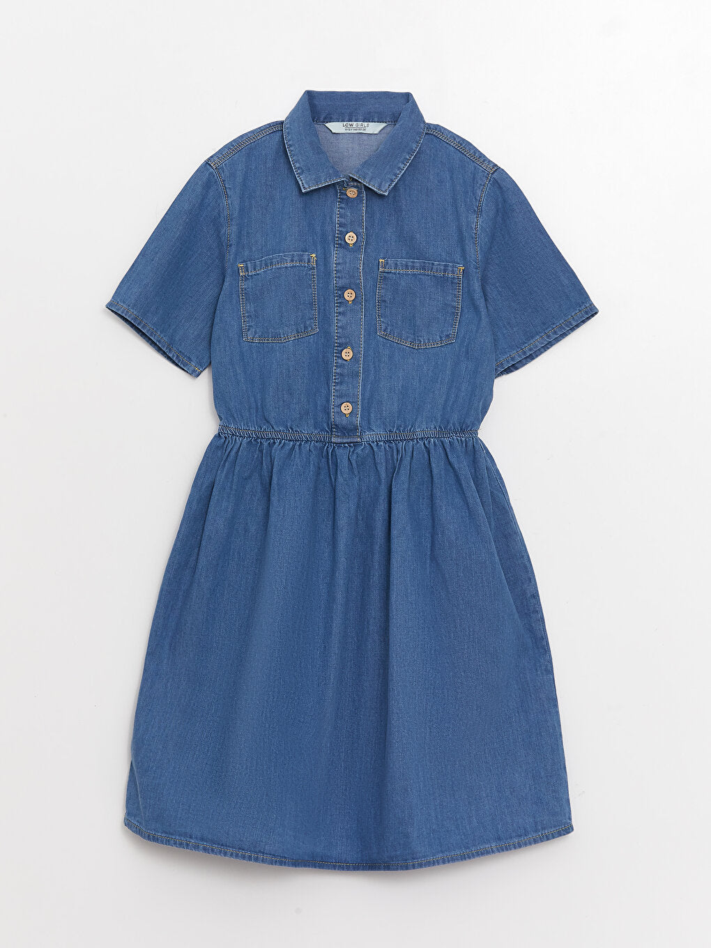 Shirt Collar Basic Short Sleeve Girl's Jean Dress