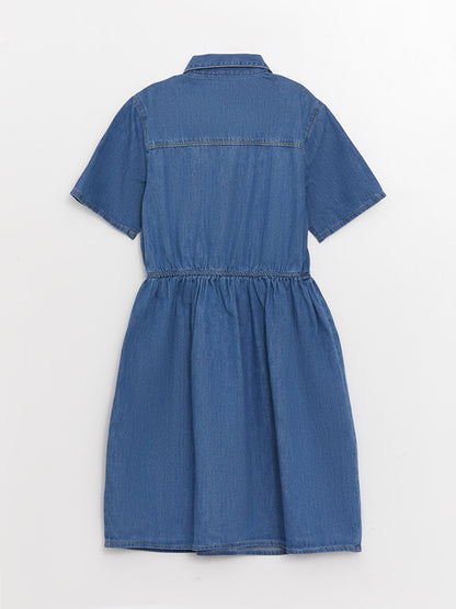 Shirt Collar Basic Short Sleeve Girl's Jean Dress