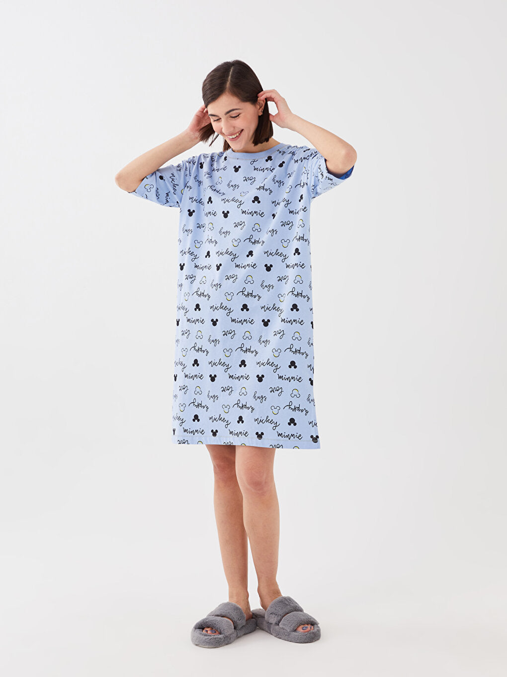 Crew Neck Mickey Mouse Printed Short Sleeve Women's Nightgown