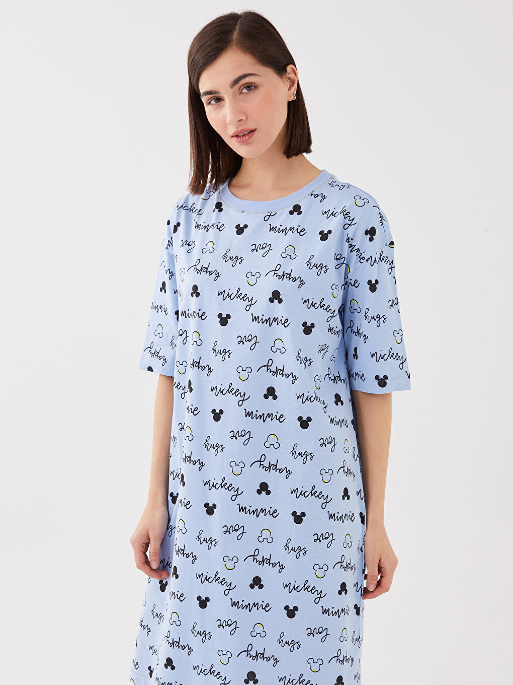 Crew Neck Mickey Mouse Printed Short Sleeve Women's Nightgown