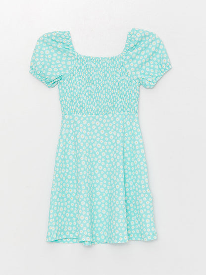 Square Neck Patterned Short Sleeve Girl's Dress