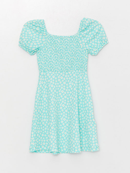 Square Neck Patterned Short Sleeve Girl's Dress