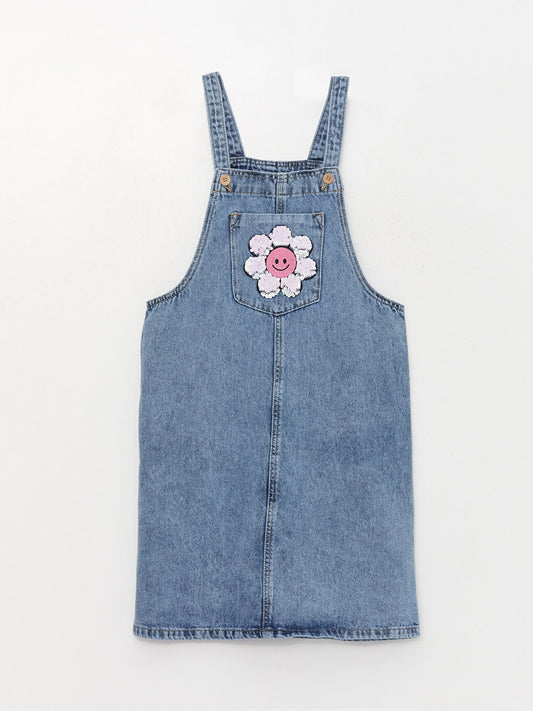 Square Neck Embroidered Girl's Jean Salopette Dress