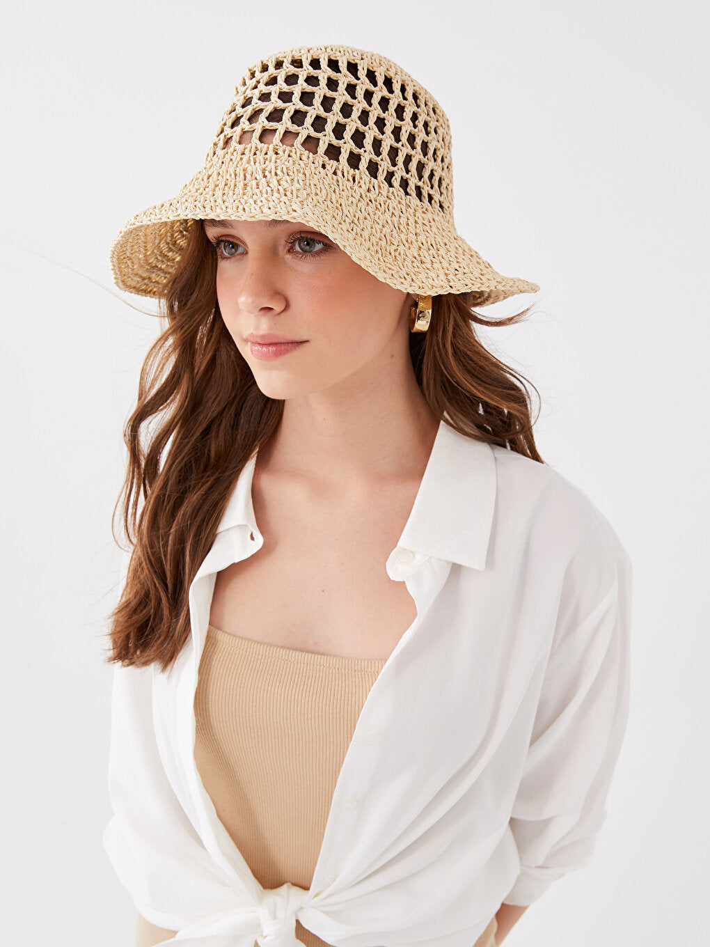 Women's Straw Bucket Hat with Hole Detail