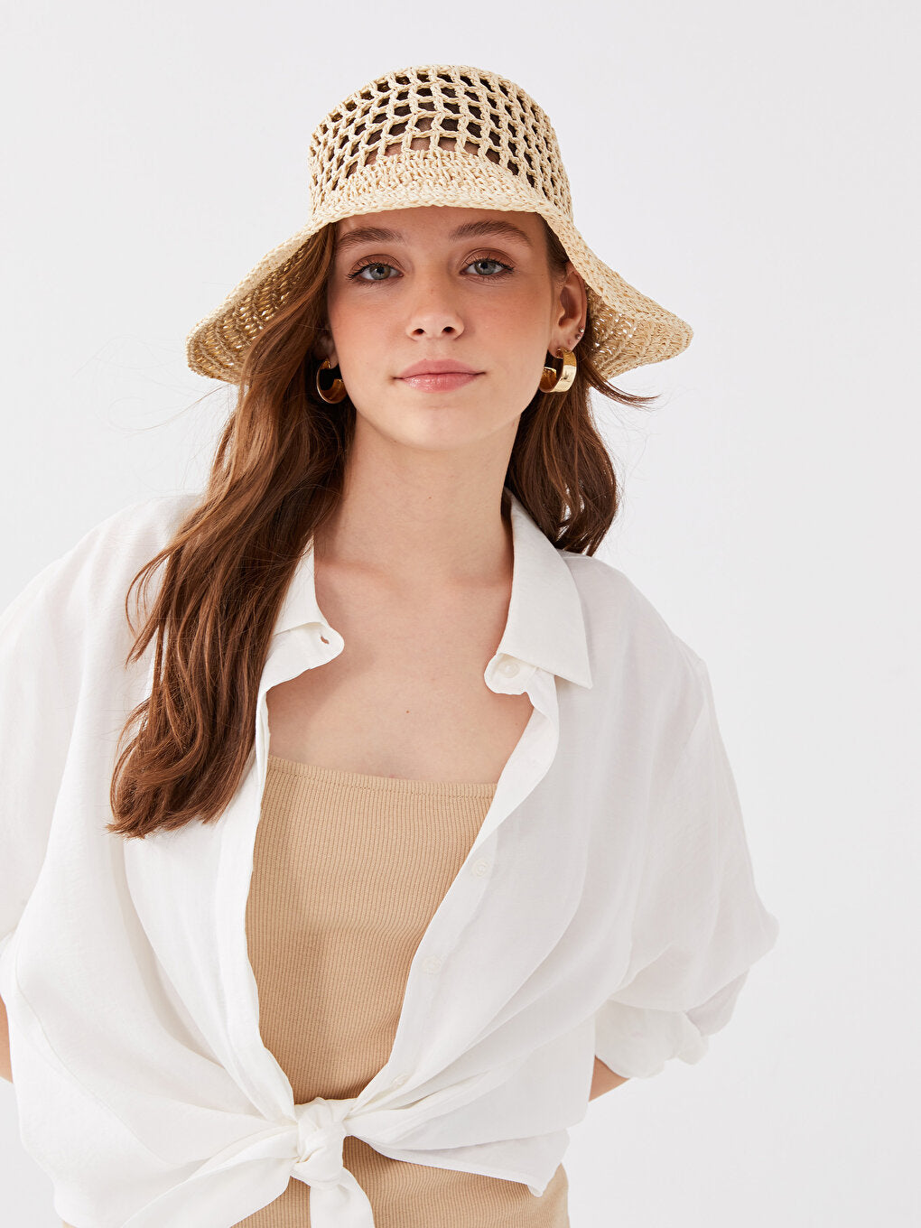 Women's Straw Bucket Hat with Hole Detail