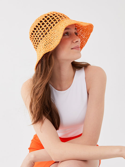 Women's Straw Bucket Hat with Hole Detail