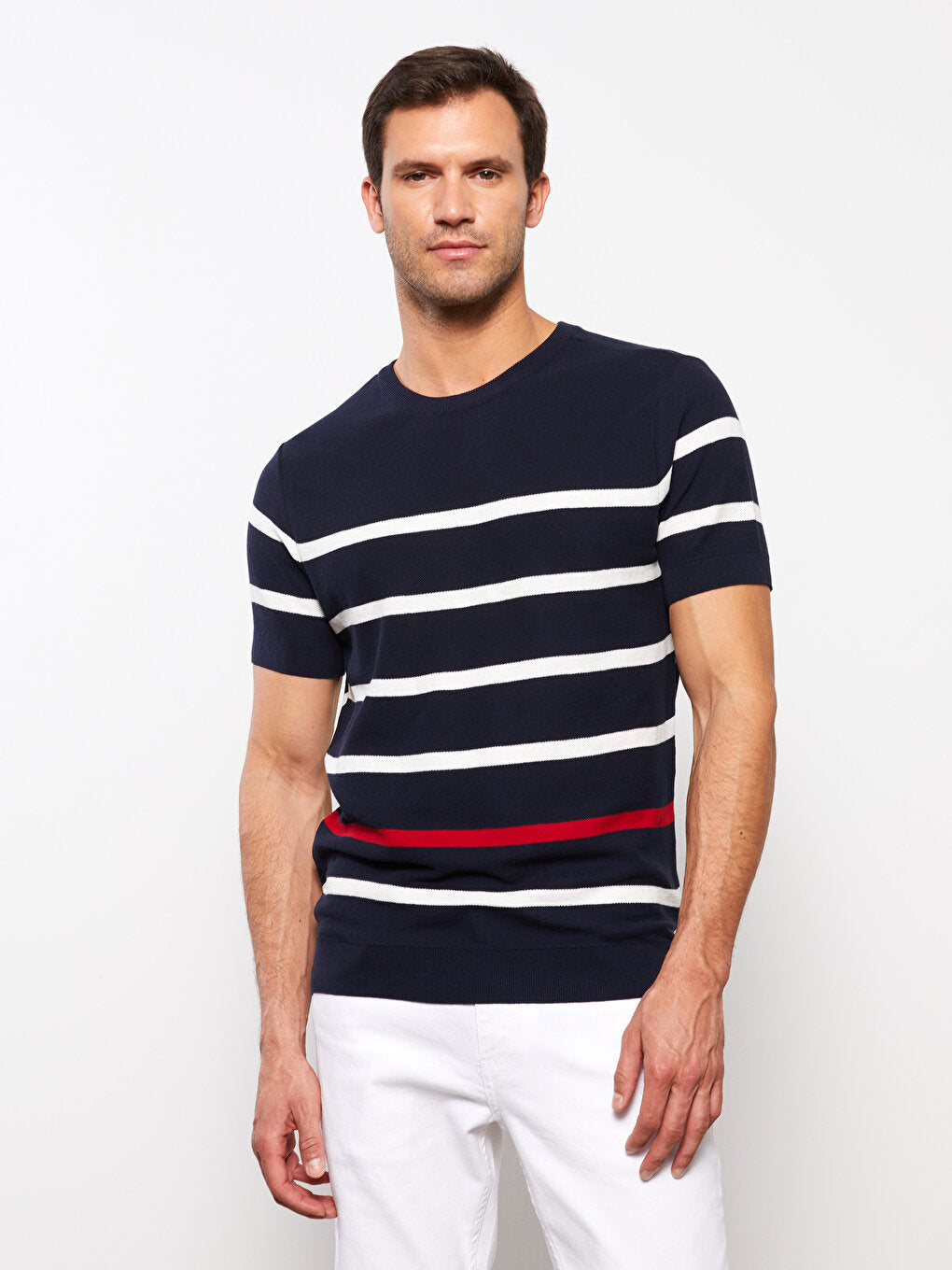 Crew Neck Short Sleeve Striped Men's Knitwear Sweater