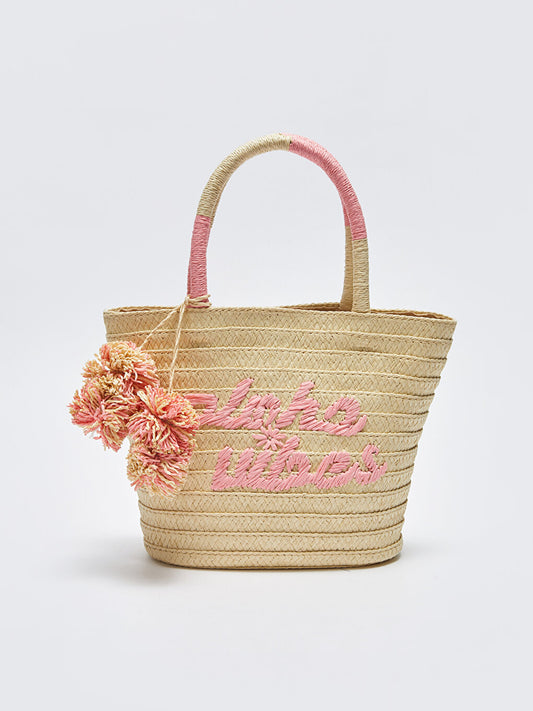 Girl's Straw Handbag with Text Embroidery