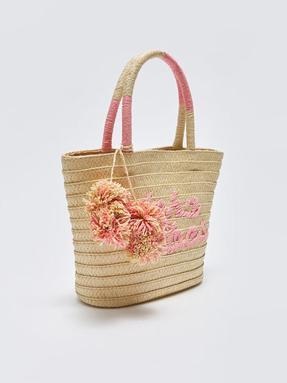 Girl's Straw Handbag with Text Embroidery