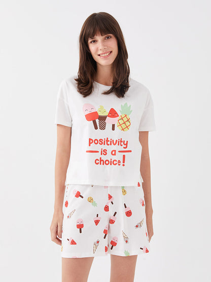 Crew Neck Printed Short Sleeve Women's Pajama Set with Shorts