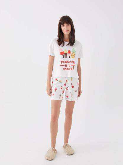 Crew Neck Printed Short Sleeve Women's Pajama Set with Shorts