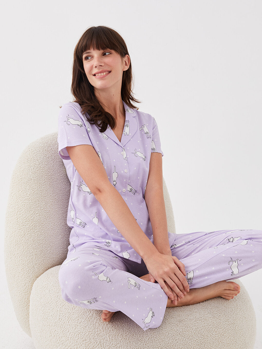 Shirt Collar Patterned Short Sleeve Women's Pajama Set