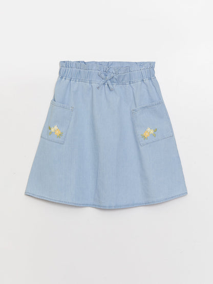 Embroidered Girl's Jean Skirt with Elastic Waist