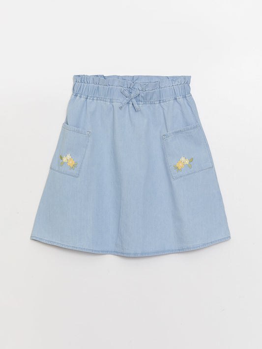 Embroidered Girl's Jean Skirt with Elastic Waist