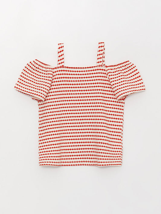 Square Neck Patterned Short Sleeve Girls' T-Shirt