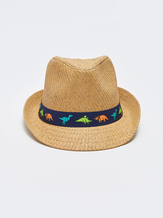 Dinosaur Patterned Boy Straw Fedora Hat