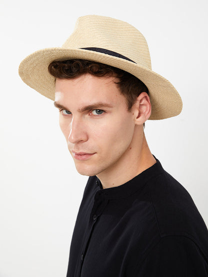 Men's Straw Fedora Hat with Piping