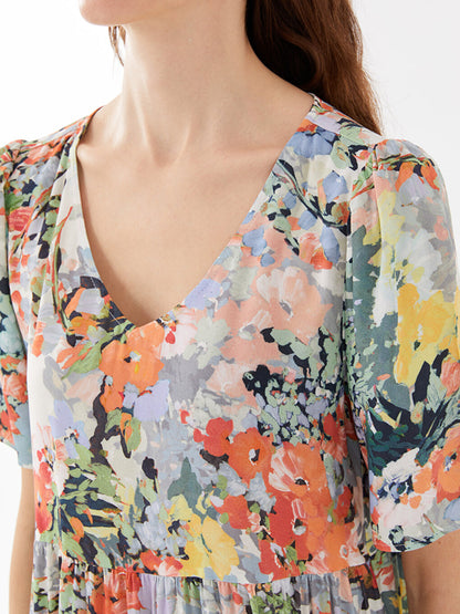 V-Neck Floral Short Sleeve Women's Dress