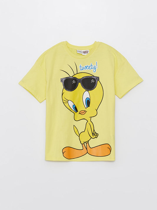 Crew Neck Tweety Printed Short Sleeve Girls' T-Shirt