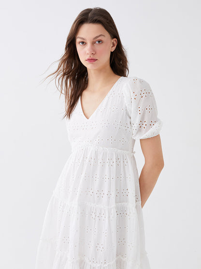 V-Neck Self-Patterned Short Sleeve Embroidery Women's Dress